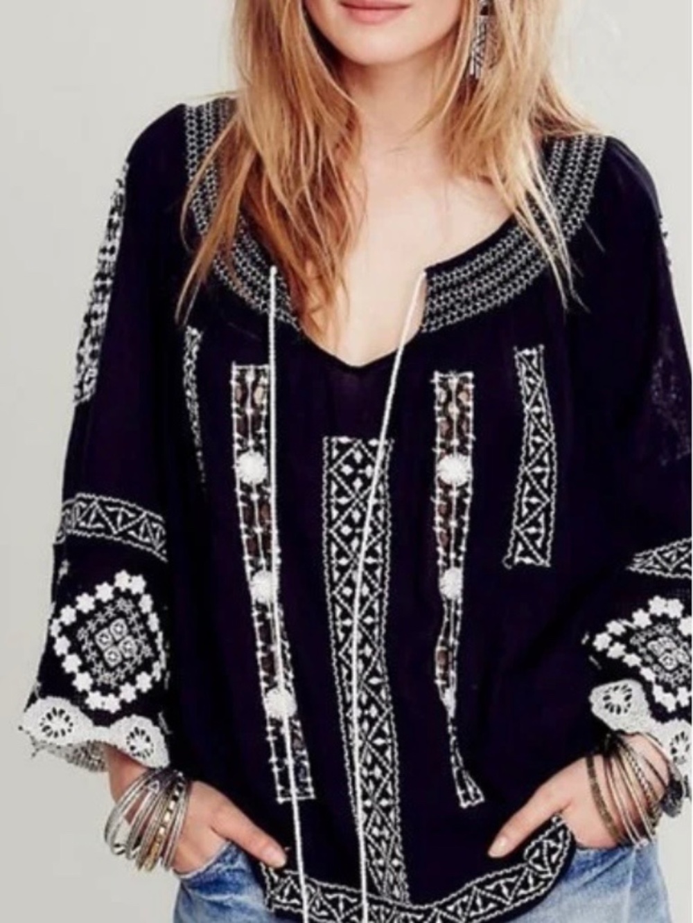 Free People Silver Springs Black Embroidered Peasant Top Size S